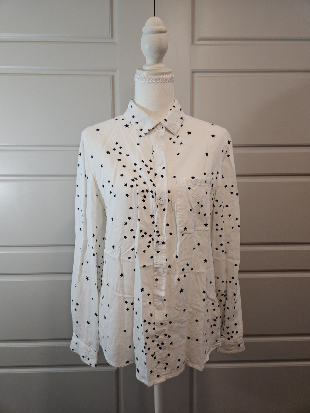 White Button Down Shirt with Black Star Print Size Large